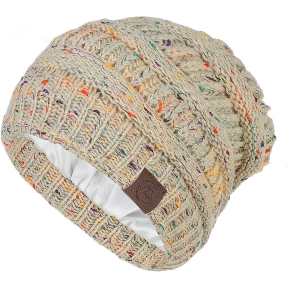 Elegant Satin-Lined Beanie for Women in Beige Mix - Stylish Warmth & Comfort